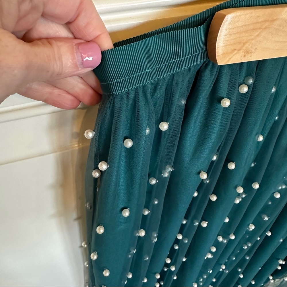 ASOS Design Women’s Tall Faux Pearl Embellished Tulle Maxi Skirt Forest Green - Picture 10 of 14